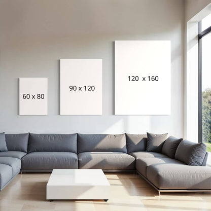 Vergelijking van formaten wanddecoratie in 60x80, 90x120, 120x160 cm. 
