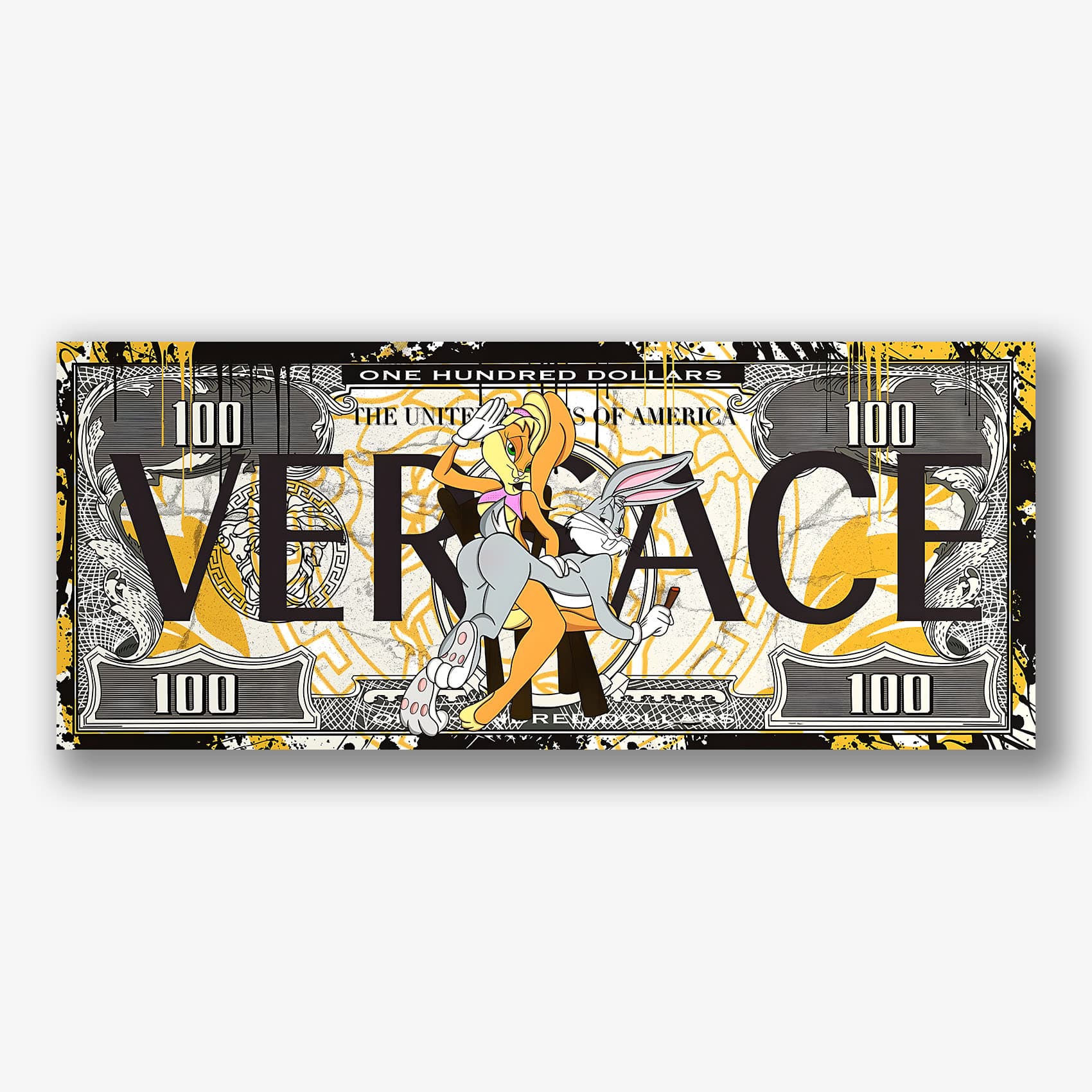 Schilderij met Bugs en Lola Bunny op stijlvol Versace dollarbiljet