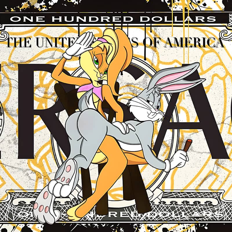 Schilderij met Bugs en Lola Bunny op stijlvol Versace dollarbiljet