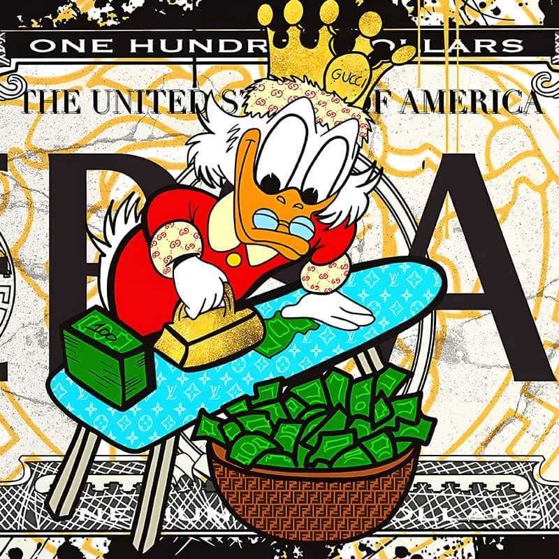 Schilderij met cartoonfiguur die geld strijkt op luxe Versace dollarbiljet