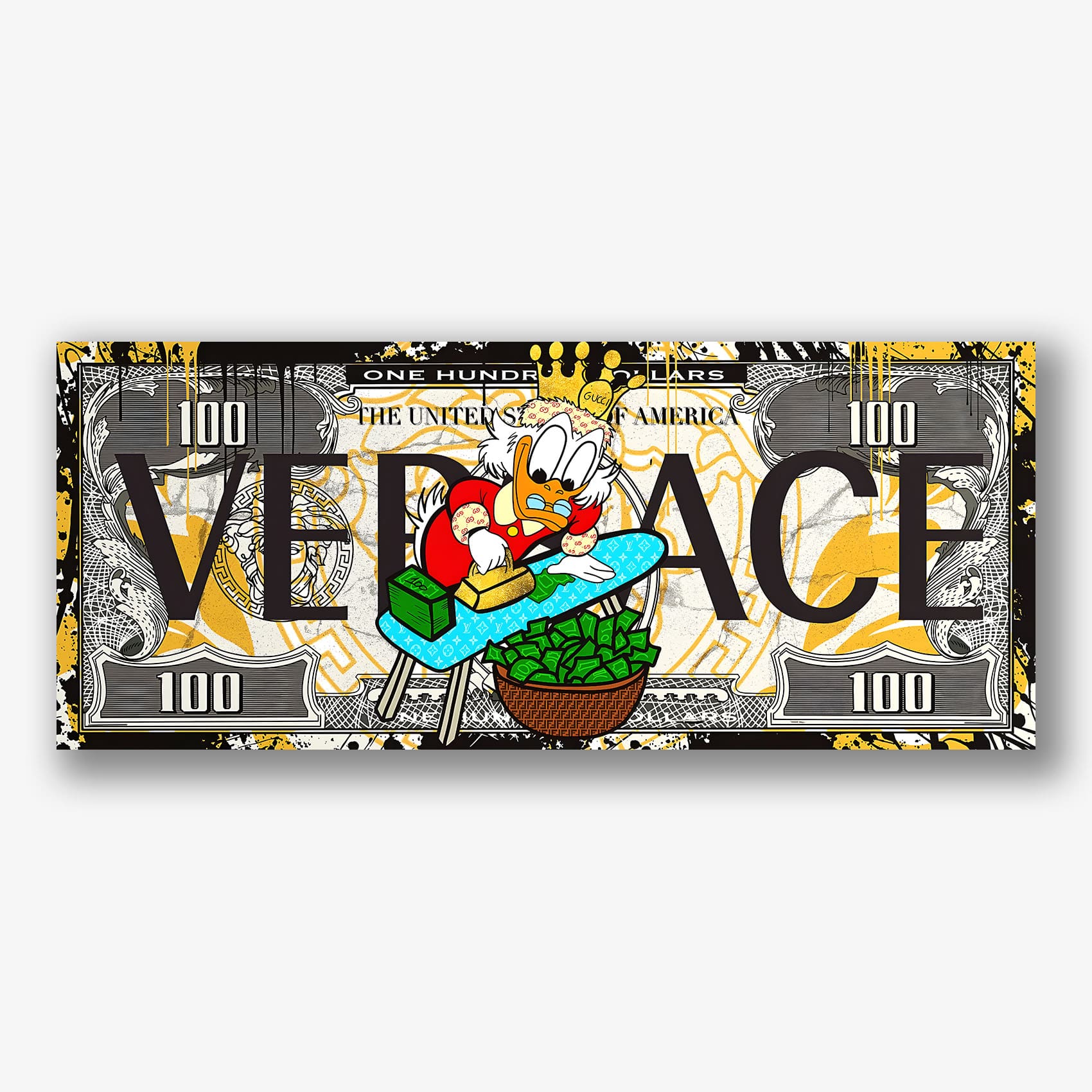 Schilderij met cartoonfiguur die geld strijkt op luxe Versace dollarbiljet