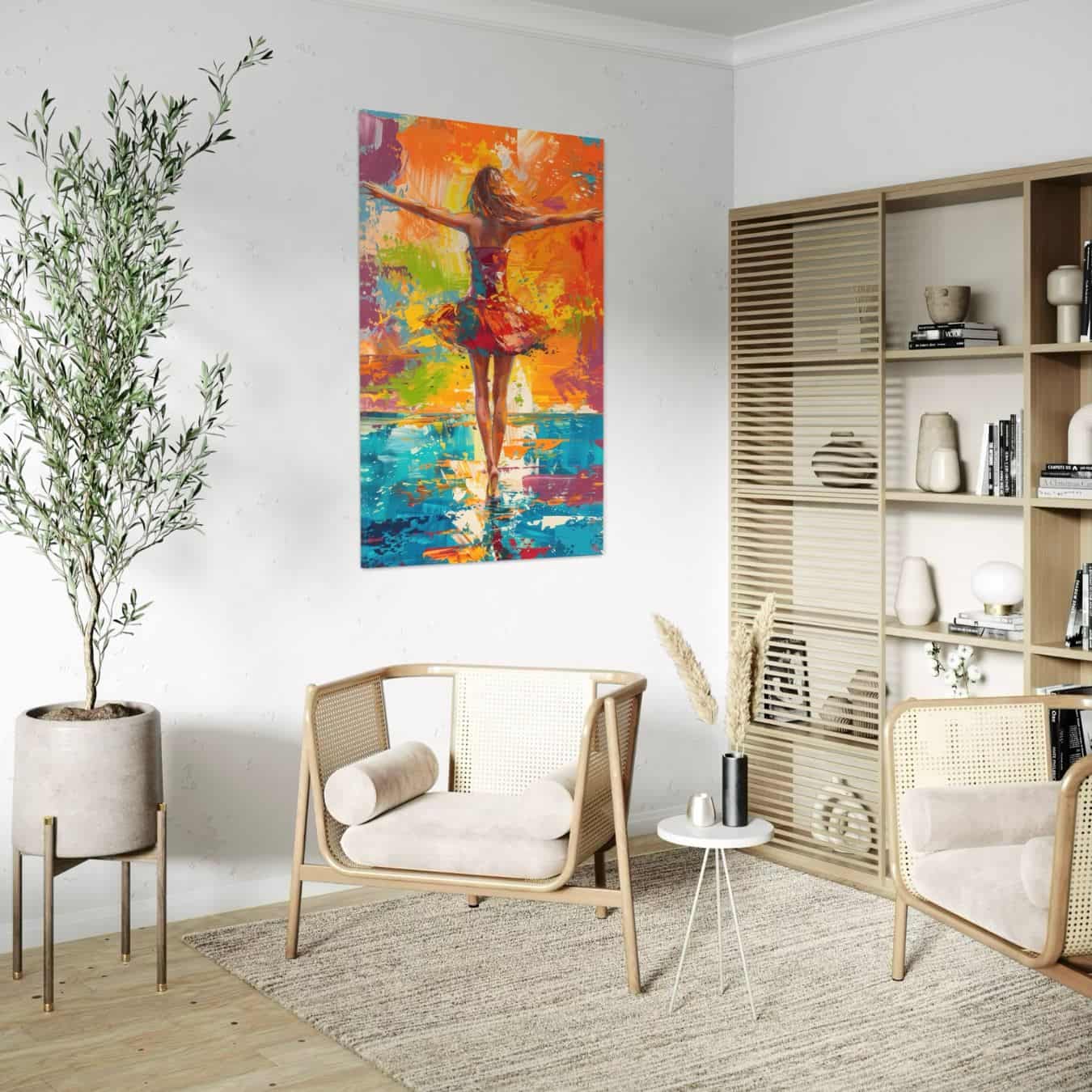 Abstract schilderij van dansende vrouw in rode jurk aan de muur in woonkamer