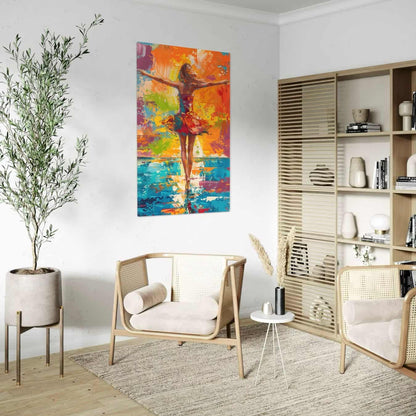 Abstract schilderij van dansende vrouw in rode jurk aan de muur in woonkamer
