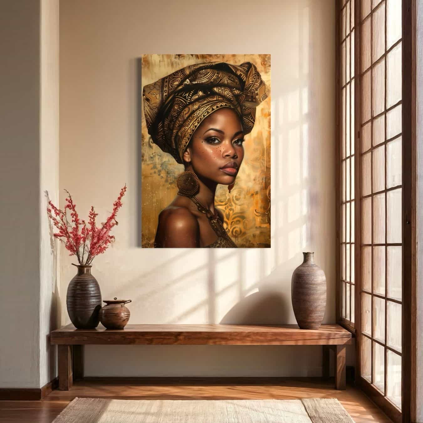 Schilderij van Afrikaanse vrouw met gouden accessoires in Japanse stijl kamer.