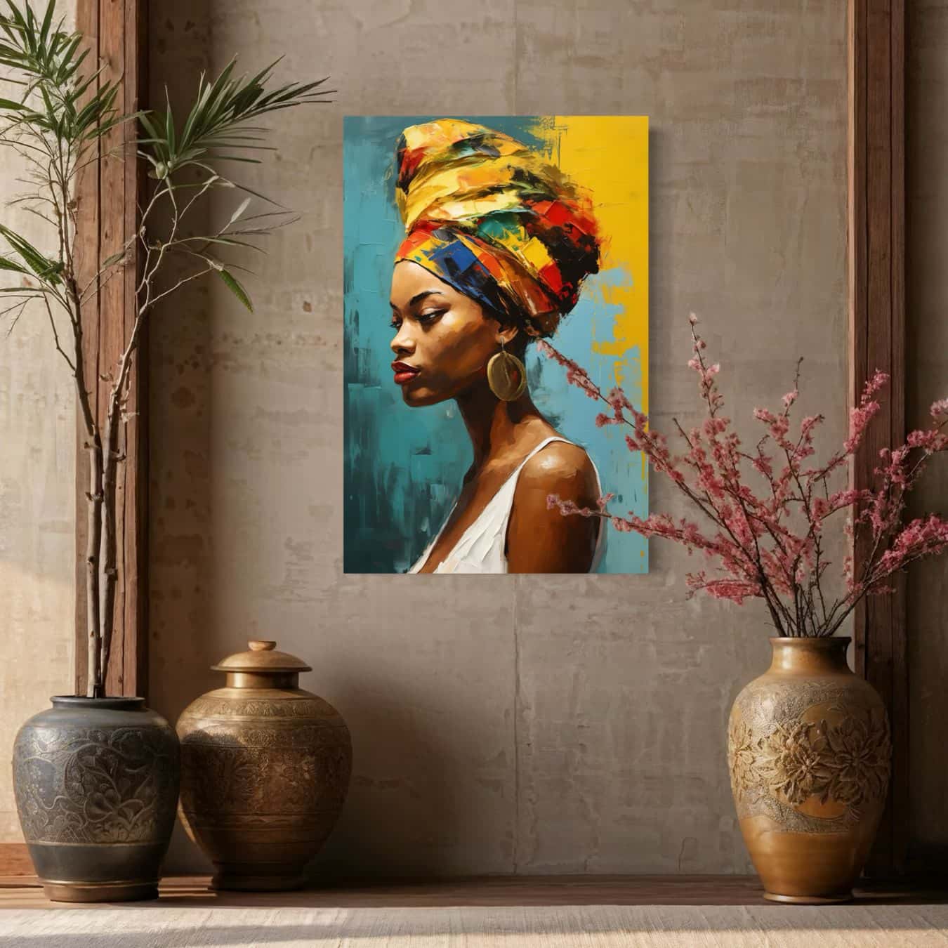 Stijlvol schilderij van vrouw met grote oorbel en doek in rustieke setting met planten en aardewerk potten