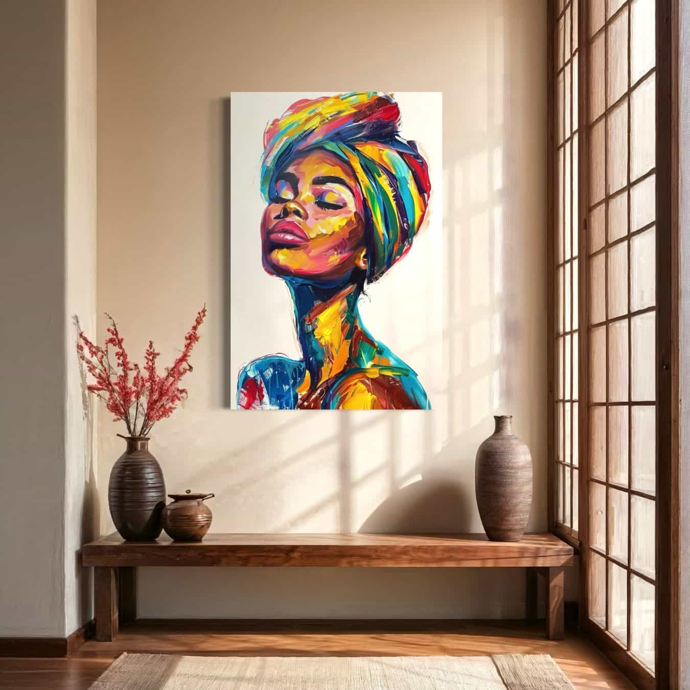 Schilderij van serene vrouw met artistieke penseelstreken in rustige kamer met Japanse invloeden