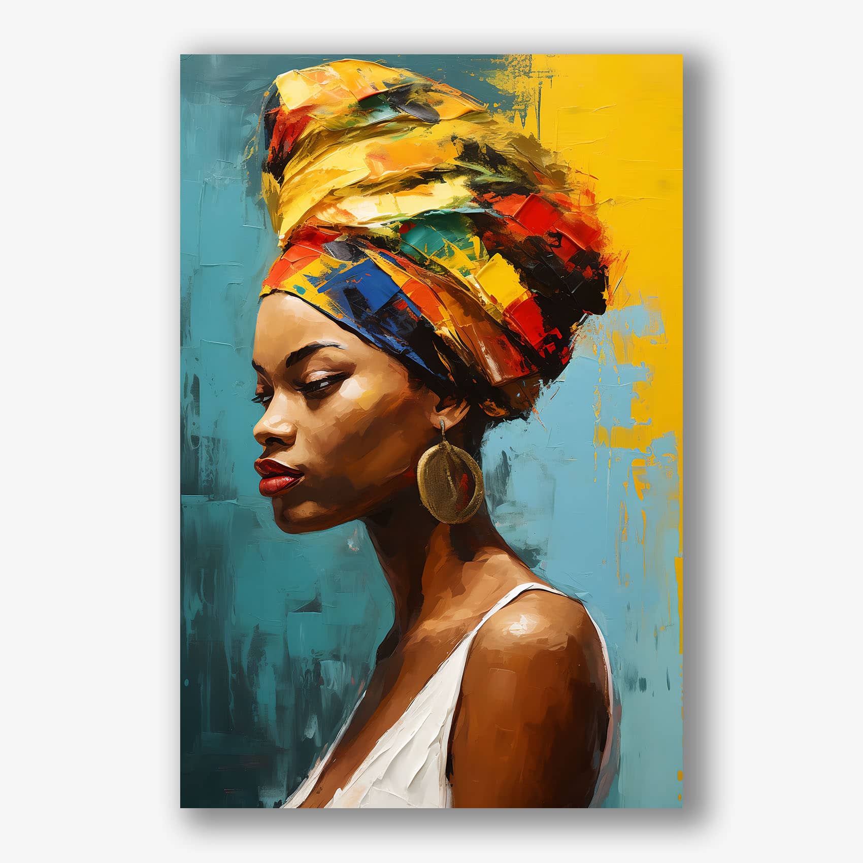 Schilderij van een stijlvolle vrouw met kleurrijke hoofddoek in geel, rood en blauw op abstracte achtergrond.