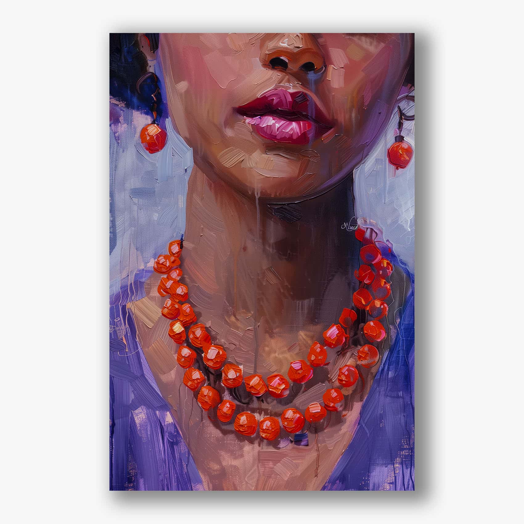 Kleurrijk schilderij van een vrouwelijk portret met glanzende rode ketting en paarse kleding