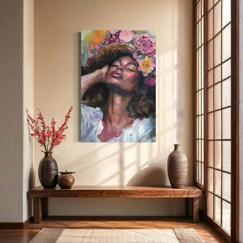 Portret schilderij van vrouw met bloemenkrans in Japanse stijl kamer 