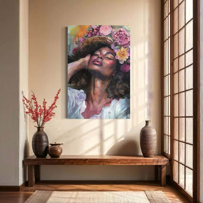 Portret schilderij van vrouw met bloemenkrans in Japanse stijl kamer 