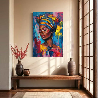 Kleurrijk portret van vrouw met hoofddoek als wanddecoratie in interieur