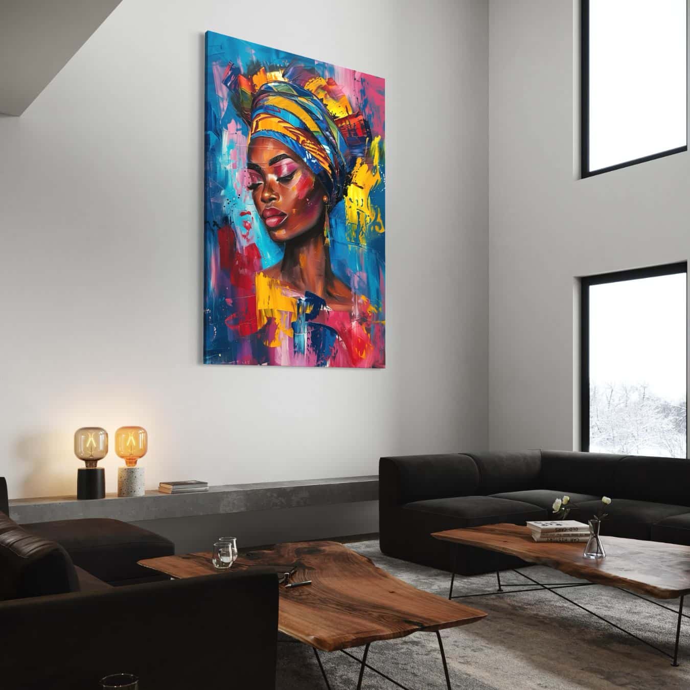 Schilderij van vrouw met artistieke uitstraling in levendige kleuren aan muur