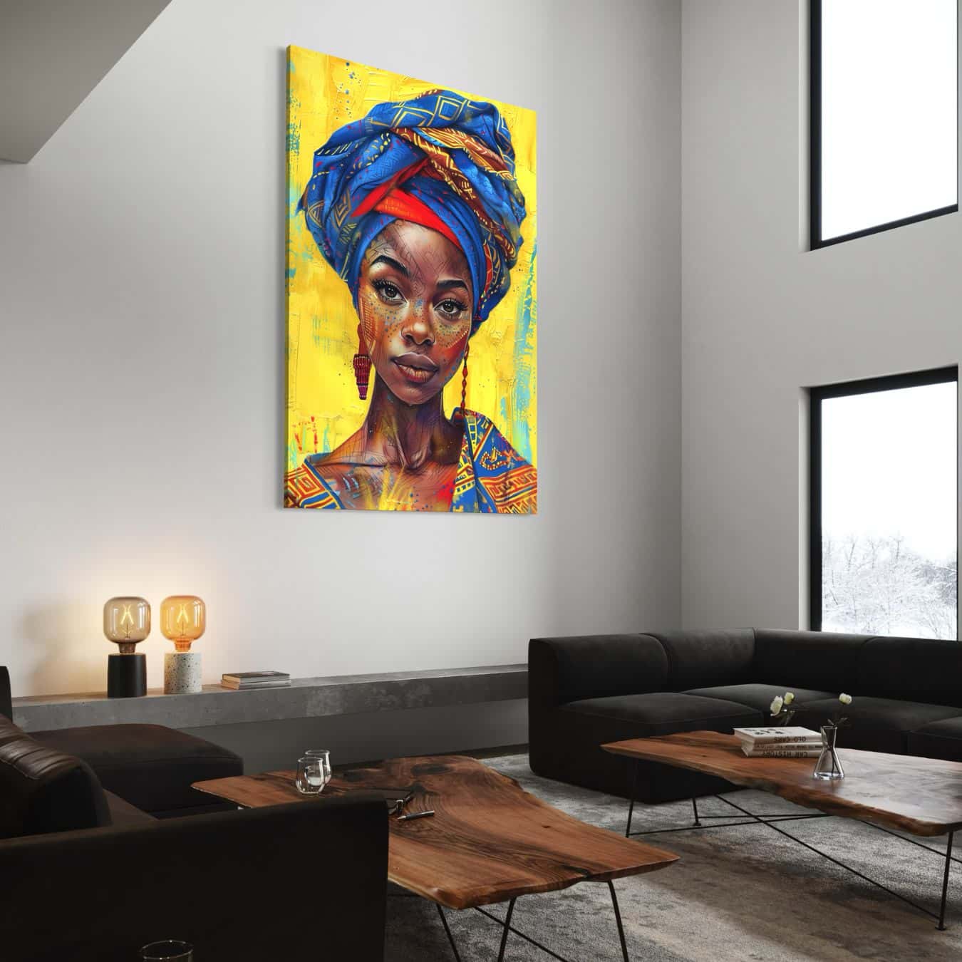 Afrikaans portret met blauwe hoofddoek als wanddecoratie in moderne woonkamer.