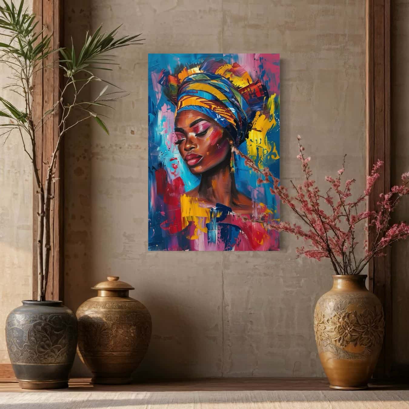 Schilderij van vrouw met gesloten ogen en kleurrijke achtergrond in sfeervol oosters interieur