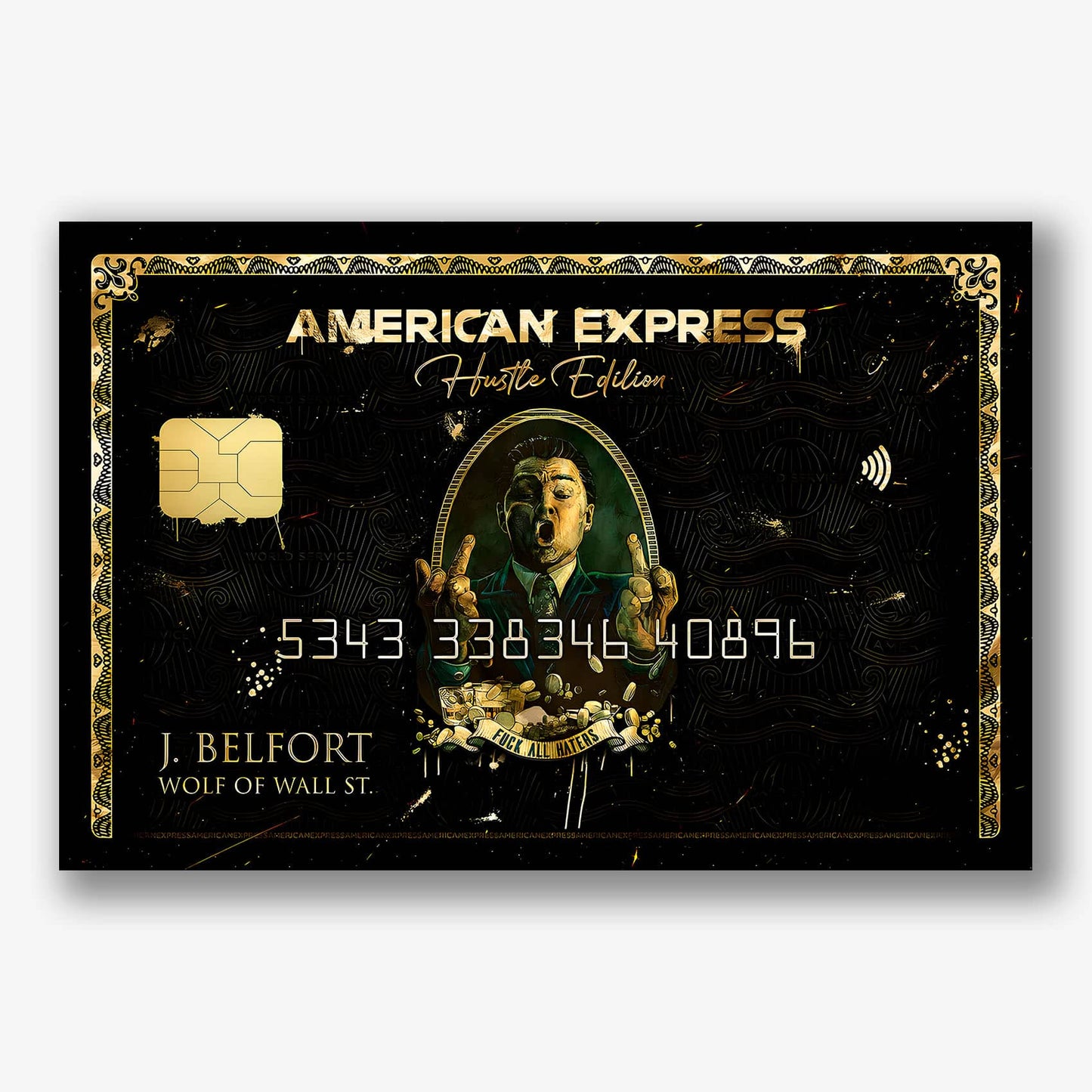 Zwart-goud wanddecoratie met Jordan Belfort op dibond print.