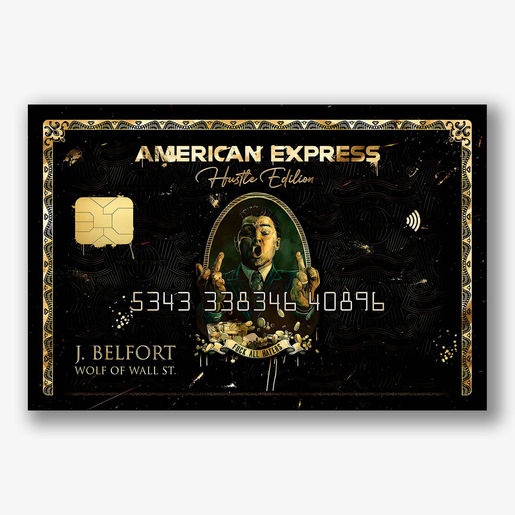 Zwart-goud wanddecoratie met Jordan Belfort op dibond print.