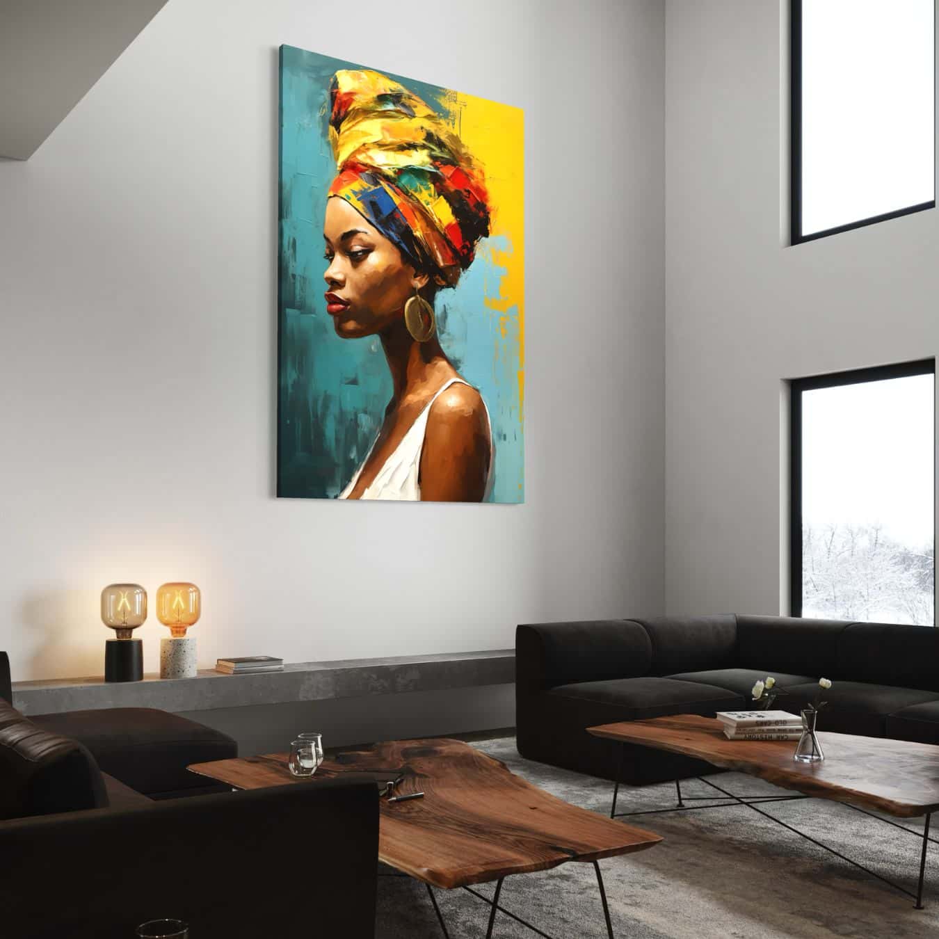 Portret van vrouw met kleurrijke tulband in moderne woonkamer met zwarte banken