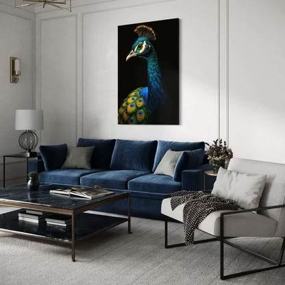 Sfeervolle muurdecoratie van een kleurrijke pauw gedrukt op canvas schilderij.