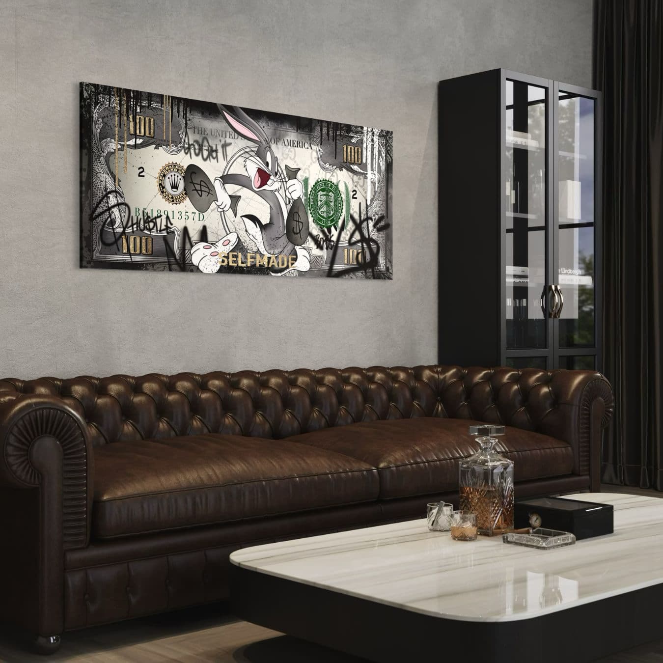 Moderne wanddecoratie met Bugs Bunny boven leren bank.