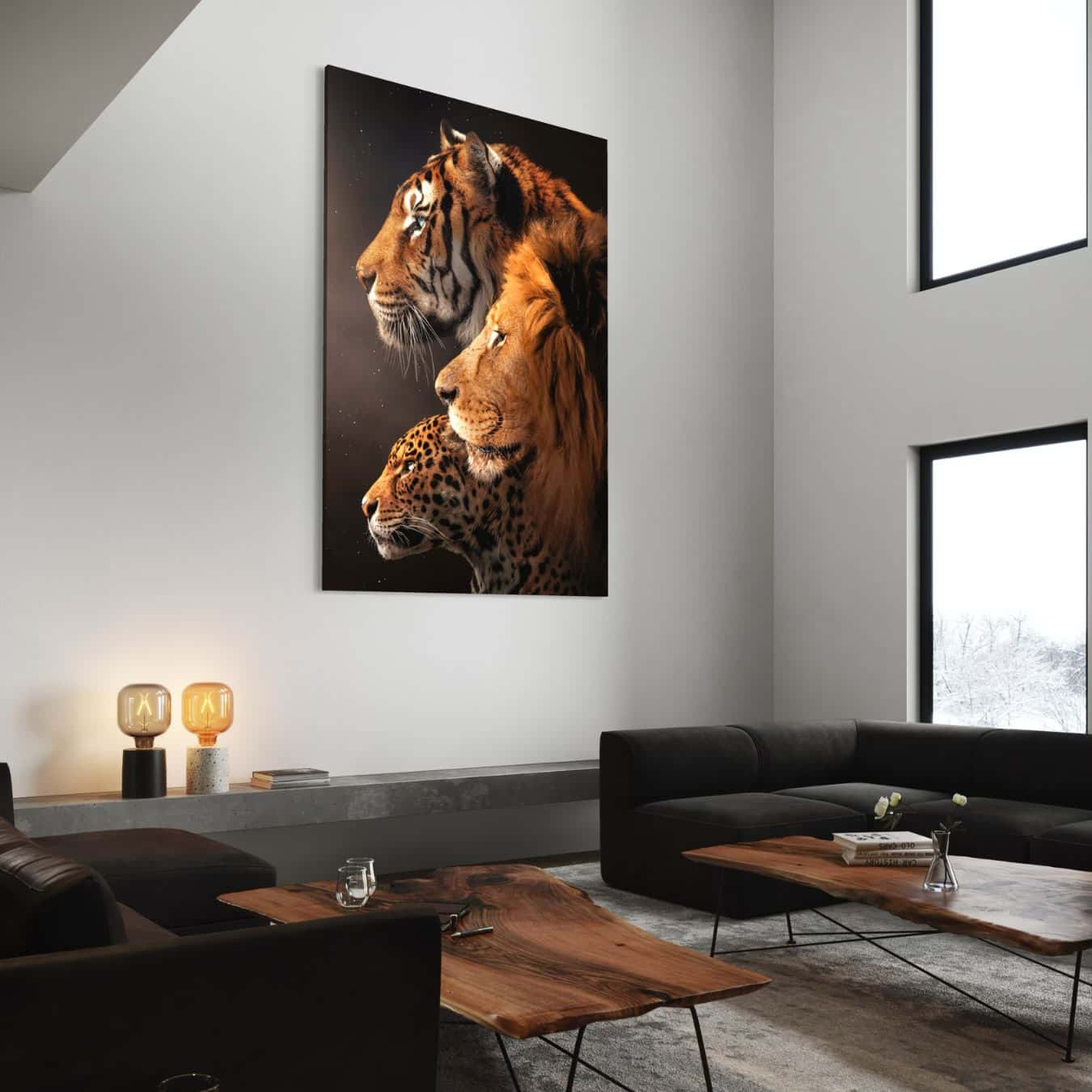 Tijger, leeuw en luipaard kunstwerk als eyecatcher in woonkamer.