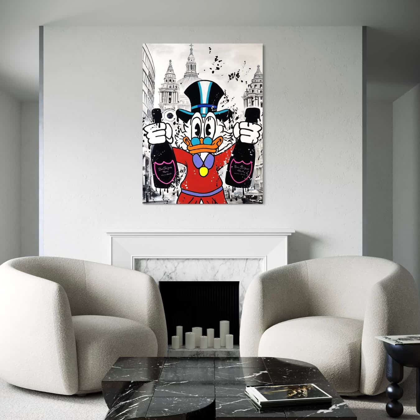 Dibond wanddecoratie met Dom Pérignon in witte designkamer.