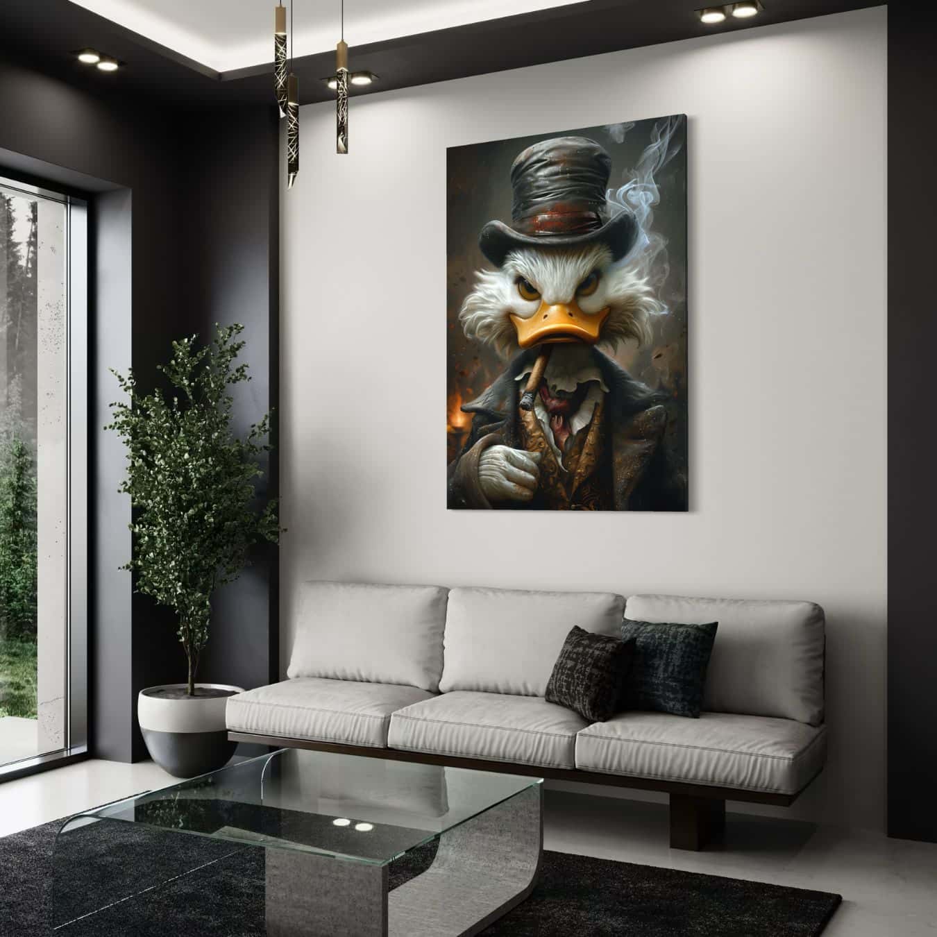 Wanddecoratie van boze eend met sigaar in modern licht interieur.