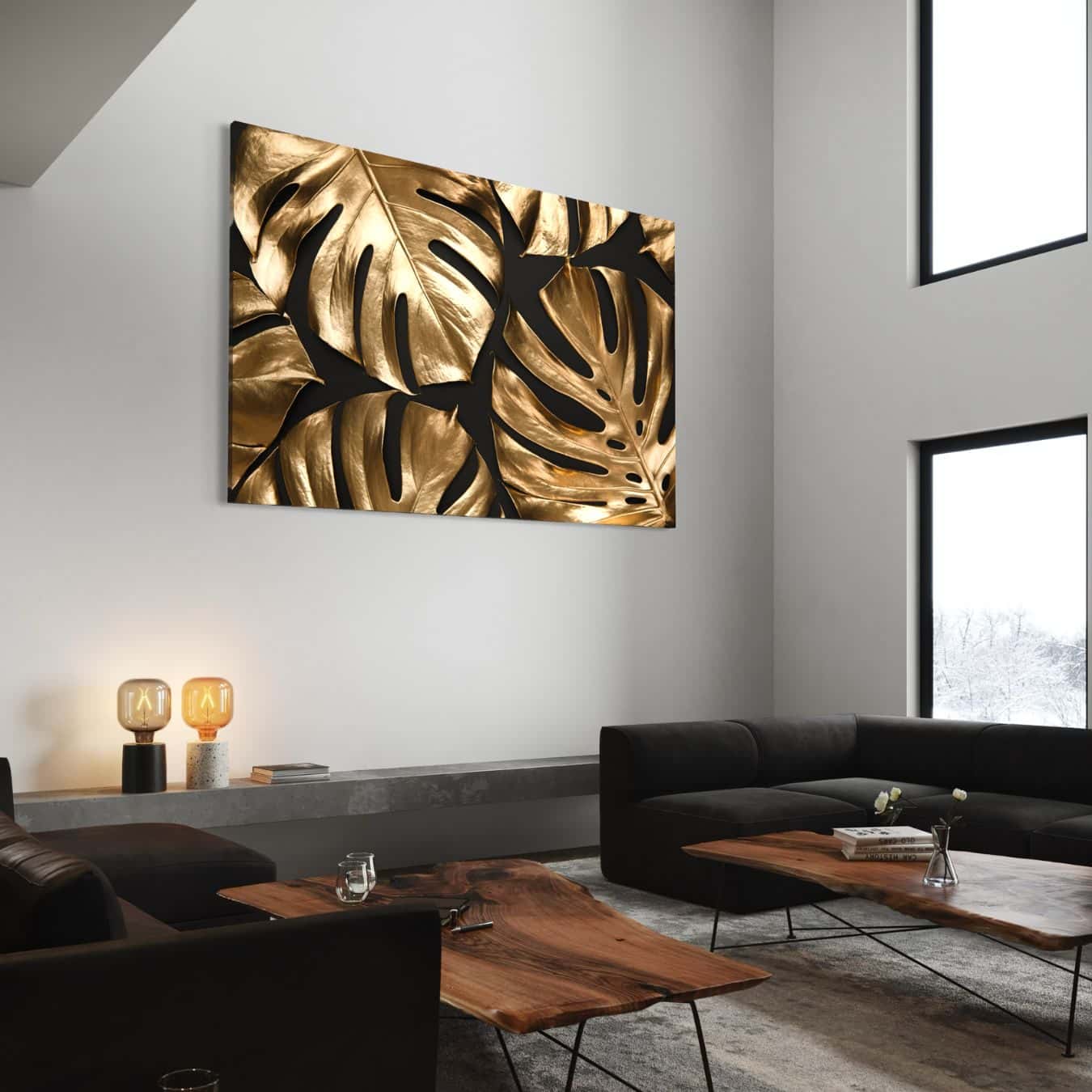 Moderne woonkamer met canvas wanddecoratie van gouden bladeren kunstwerk.