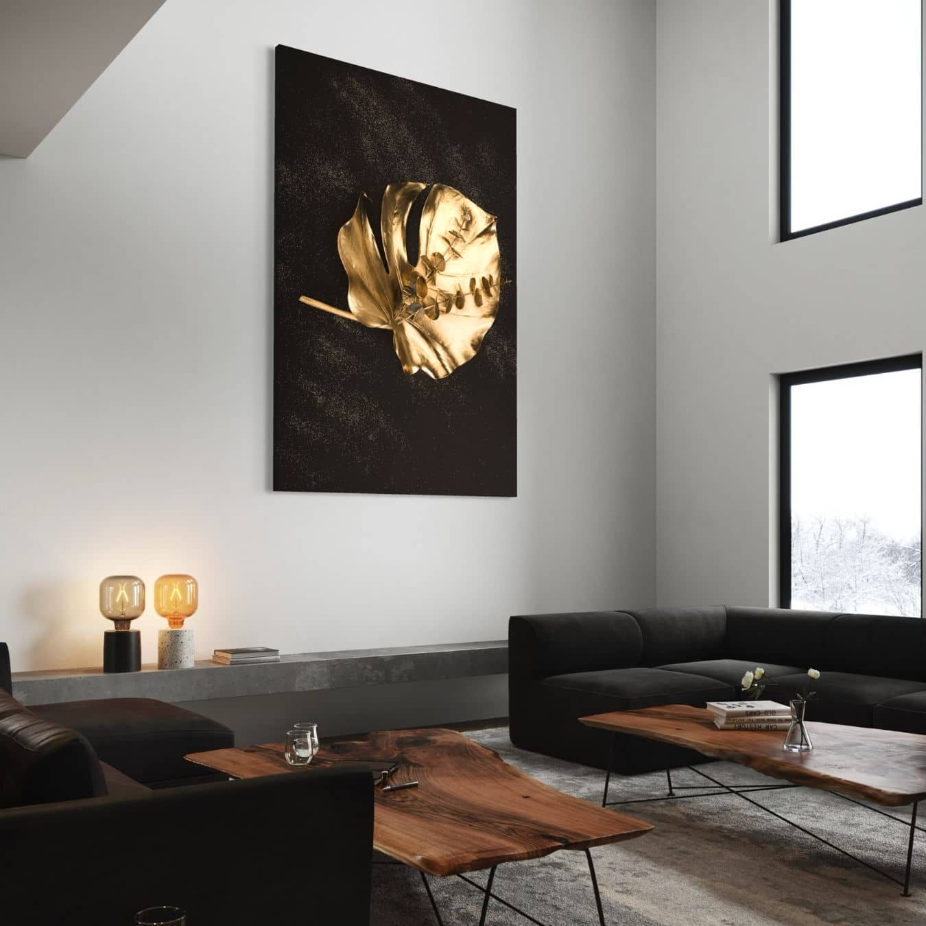Muurdecoratie met gouden blad in luxe modern interieur woonkamer.