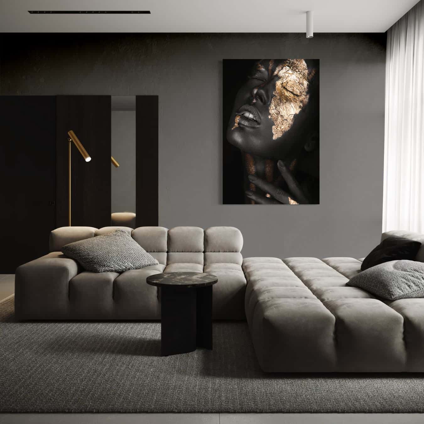 Dibond muurdecoratie met vrouwelijk portret in gouden afwerking stijlvol.