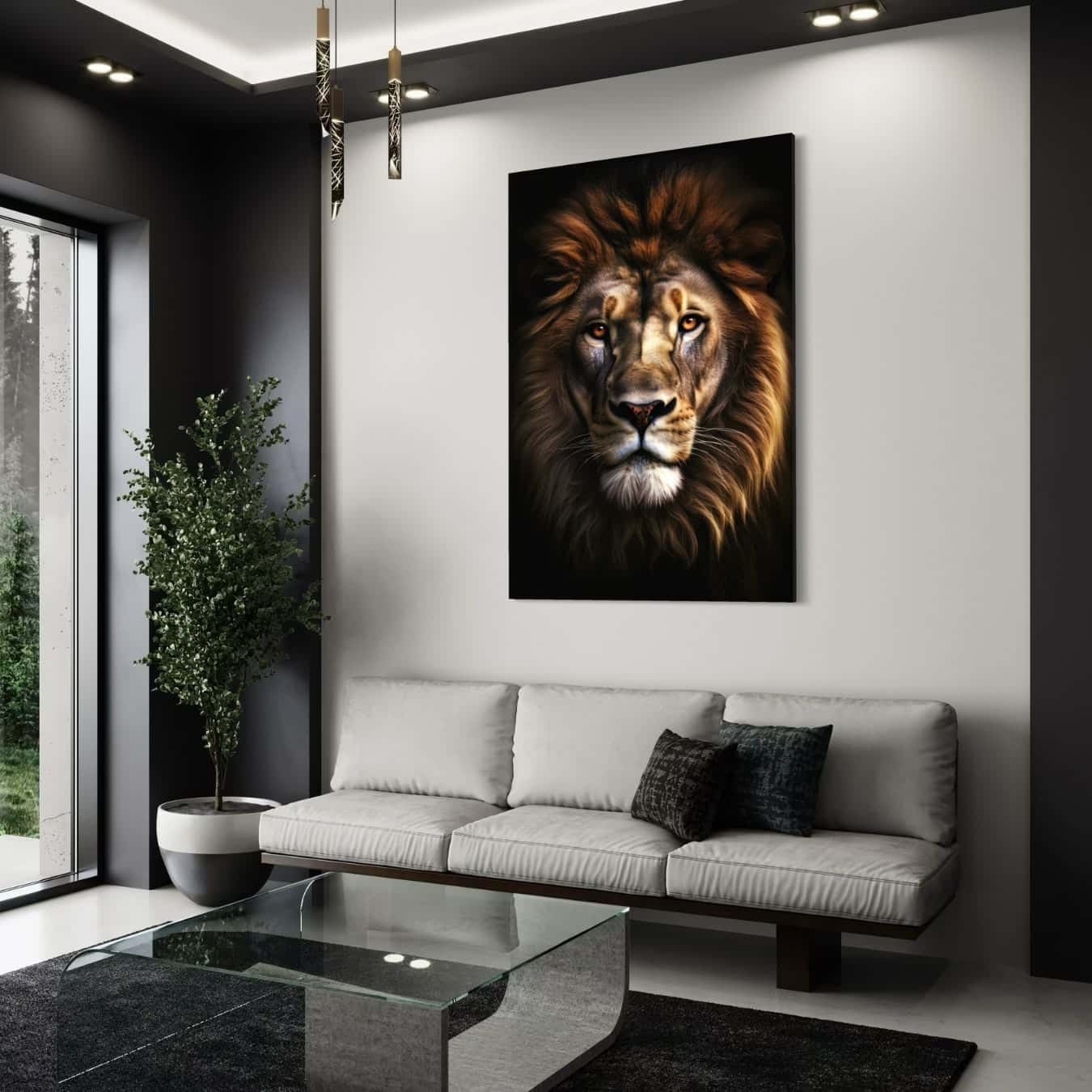 Sfeervolle muurdecoratie met een leeuw, gedrukt op canvas, voor elk interieur.