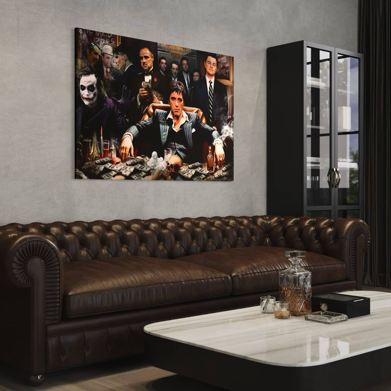 Dibond schilderij met bekende gangsterfiguren in een industrieel interieur.