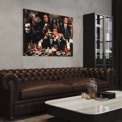 Dibond schilderij met bekende gangsterfiguren in een industrieel interieur.