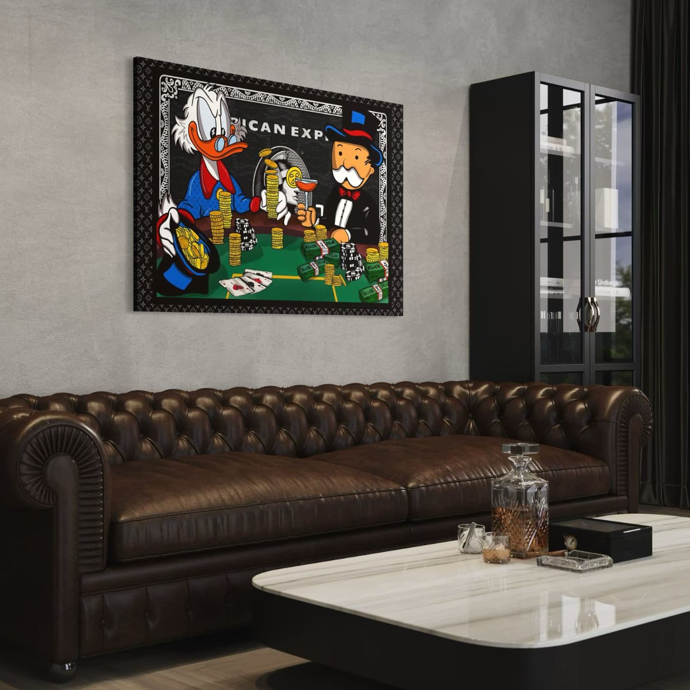 Dagobert Duck en Monopoly-man in gokthema kunst boven leren bank