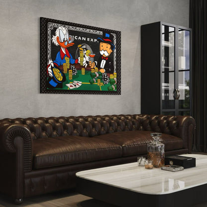 Dagobert Duck en Monopoly-man in gokthema kunst boven leren bank