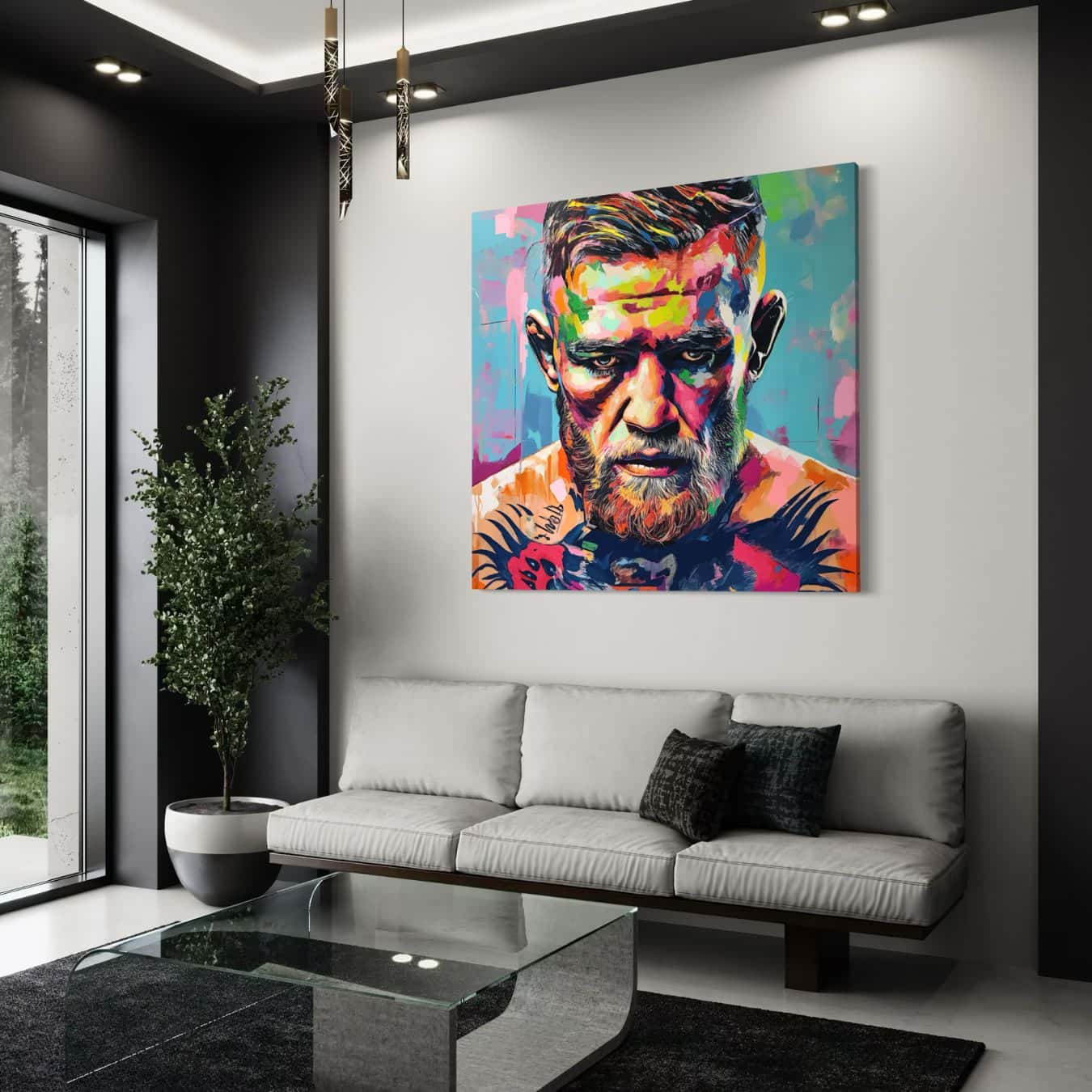 Wanddecoratie van McGregor in moderne woonkamer met strak design.