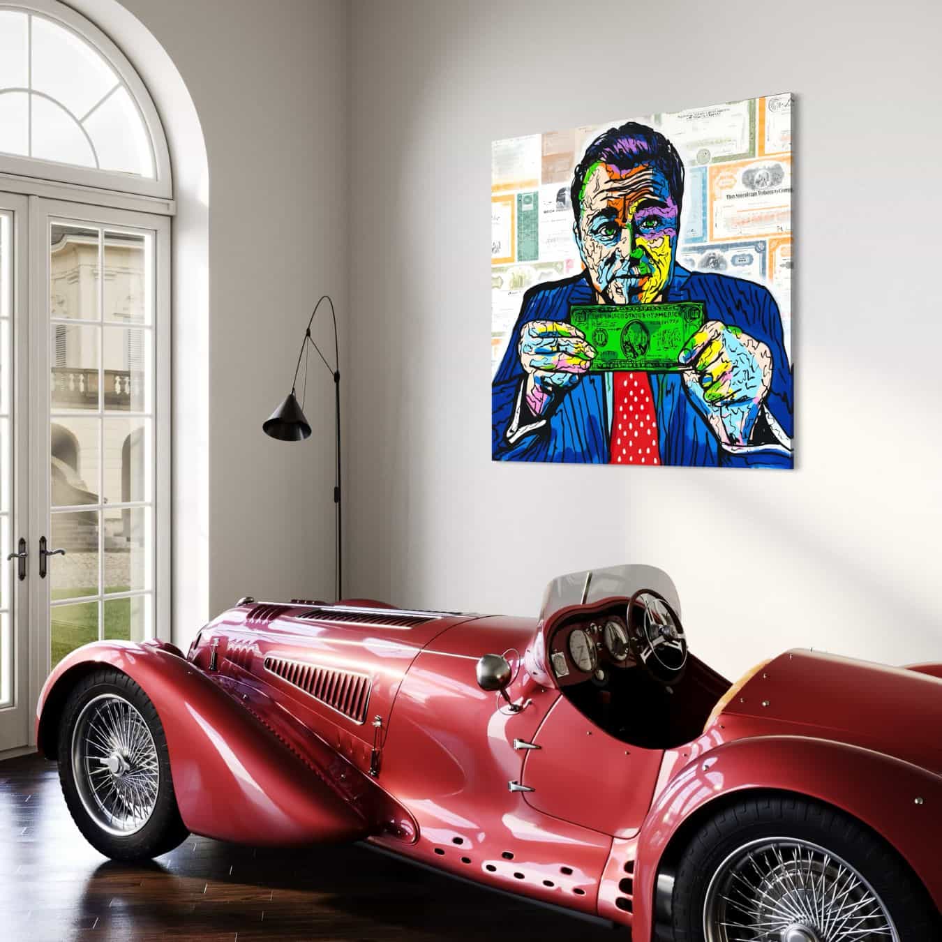 Canvas schilderij met geldthema in luxe ruimte met oldtimer.