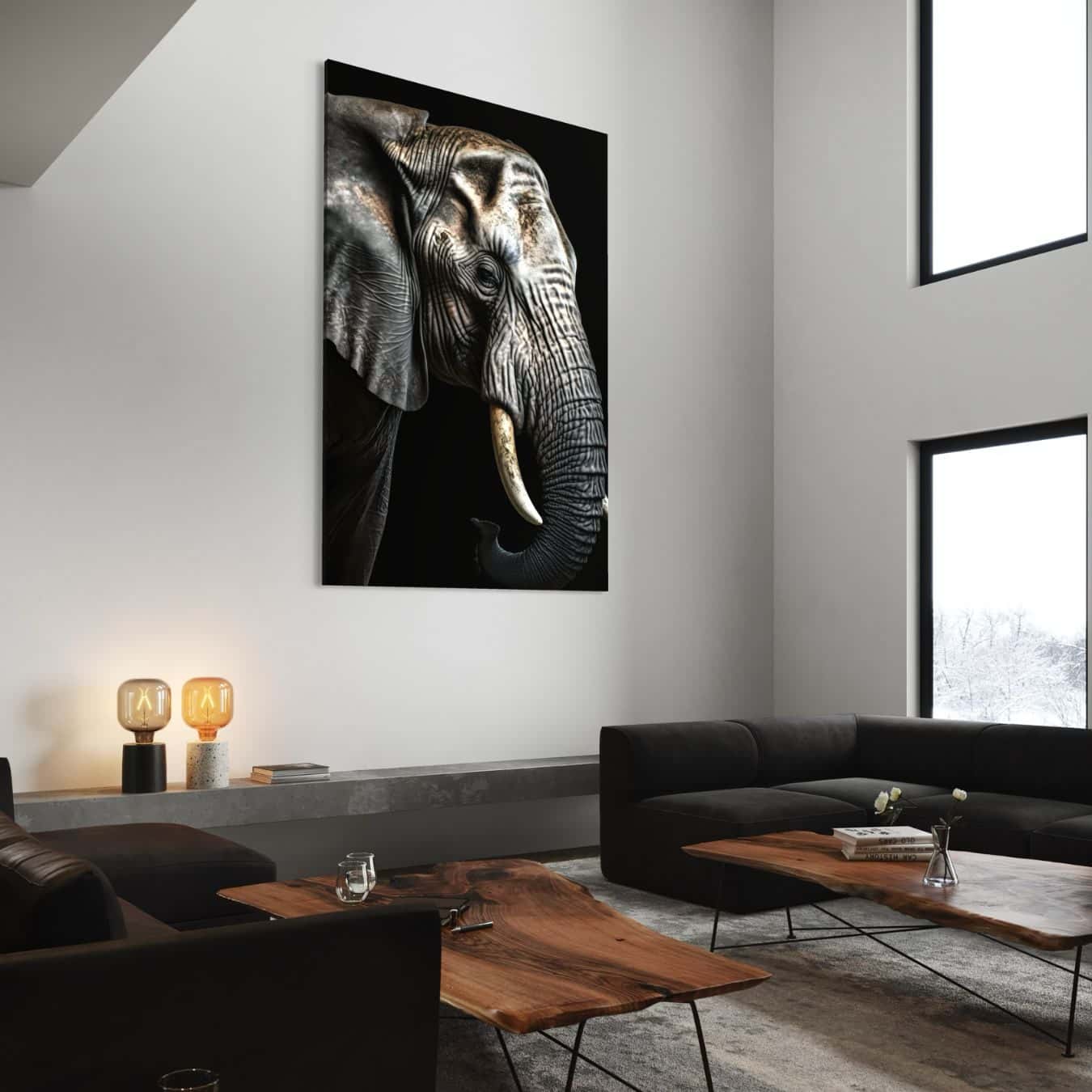 Stoere wanddecoratie van een olifant gedrukt op dibond plaat voor interieur.