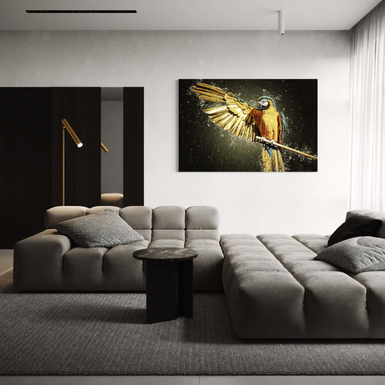Moderne muurdecoratie van plexiglas met een papegaai die zijn vleugels spreidt in woonkamer