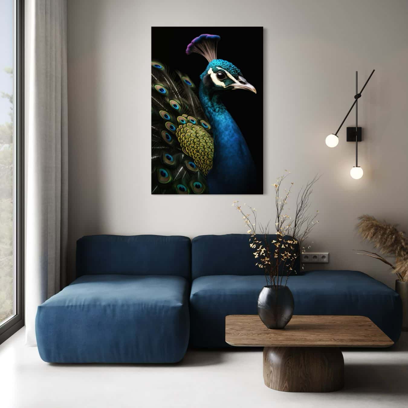 Unieke wanddecoratie van een prachtige pauw op dibond, ideaal voor interieur.