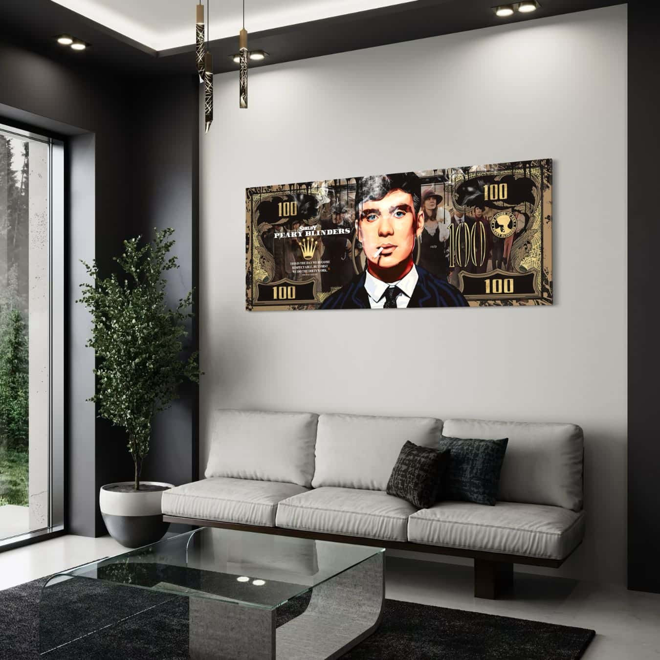 Dibond schilderij van Peaky Blinders met gouden details in luxe interieur