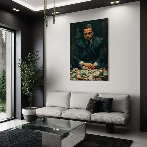 Wanddecoratie met zakenman en dollarbiljetten in moderne zithoek.