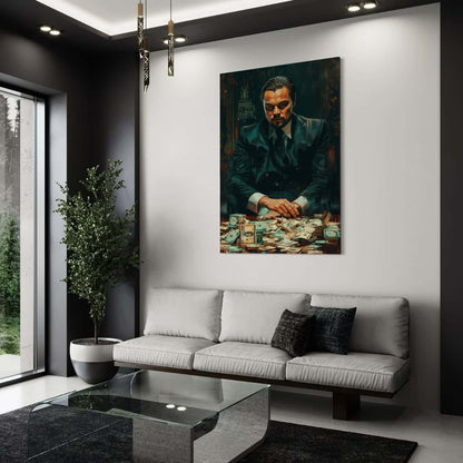 Wanddecoratie met zakenman en dollarbiljetten in moderne zithoek.