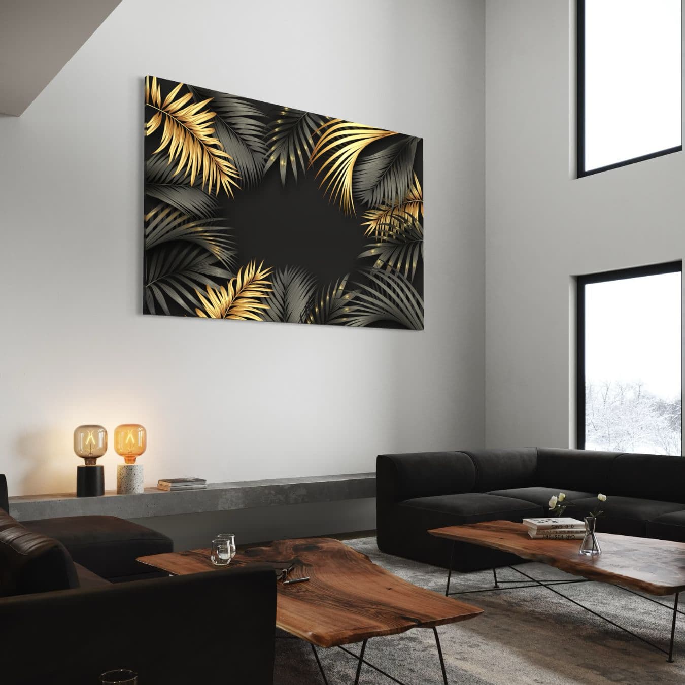Woonkamer met canvas muurdecoratie van zwart met gouden bladmotief.