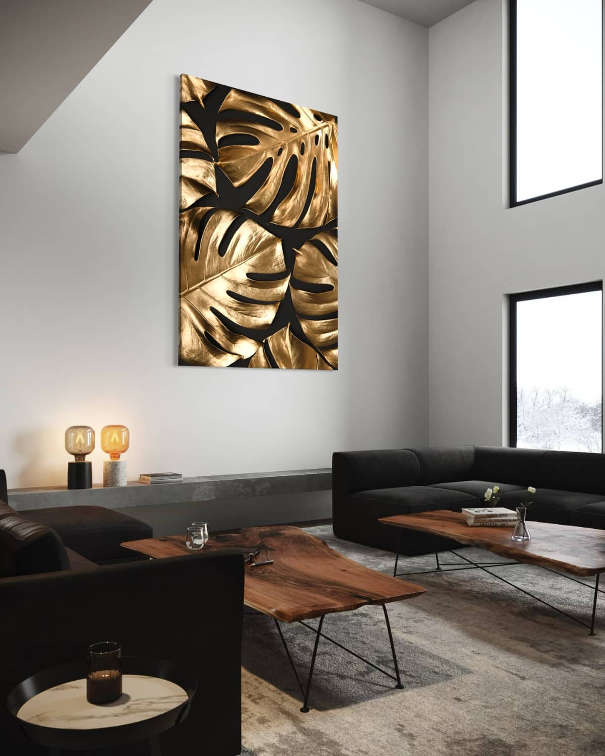 schilderij van gouden bladeren op plexiglas in luxe interieur