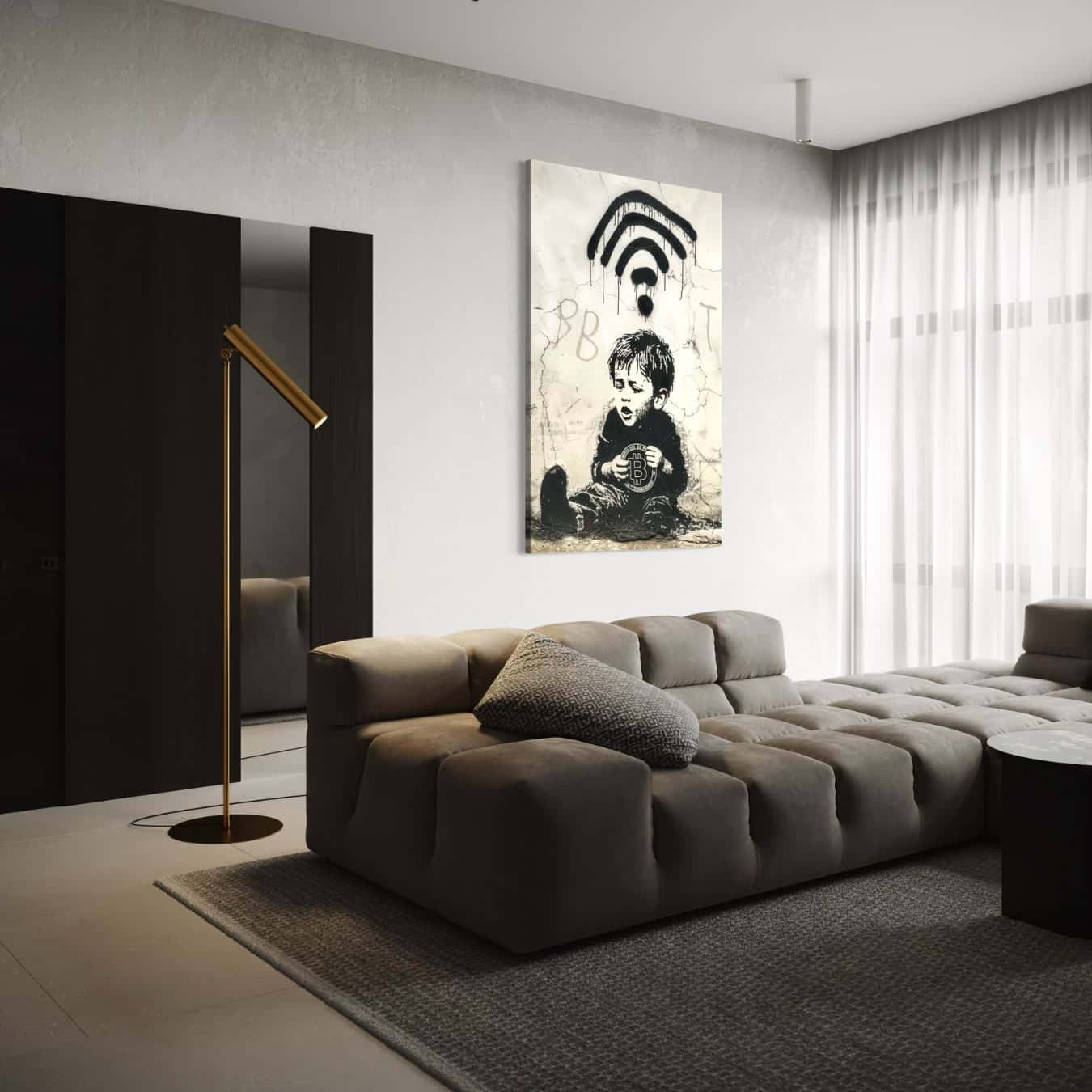 Streetart muurdecoratie met bitcoin en wifi boven moderne hoekbank.