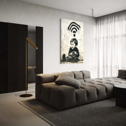Streetart muurdecoratie met bitcoin en wifi boven moderne hoekbank.