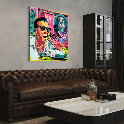 Dibond muurdecoratie met Wolf of Wall Street stijl boven bank.