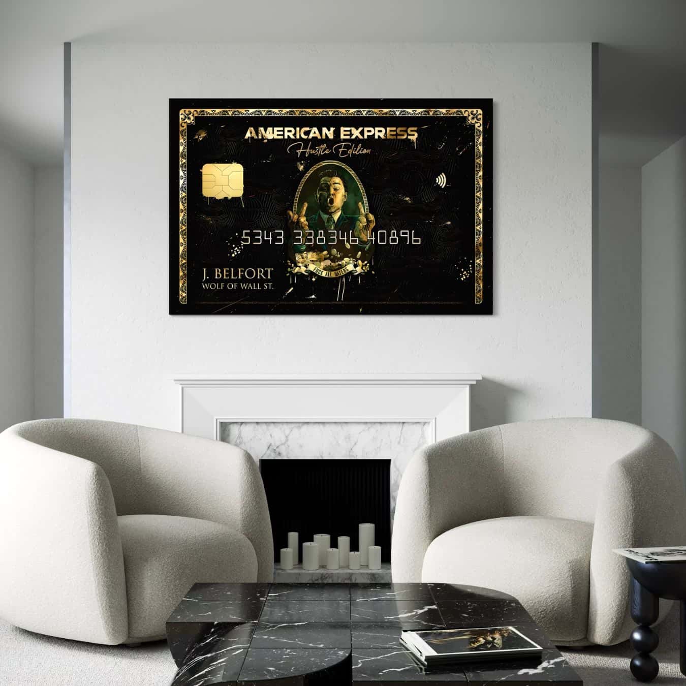 Plexiglas schilderij Wolf of Wall Street in modern interieur.