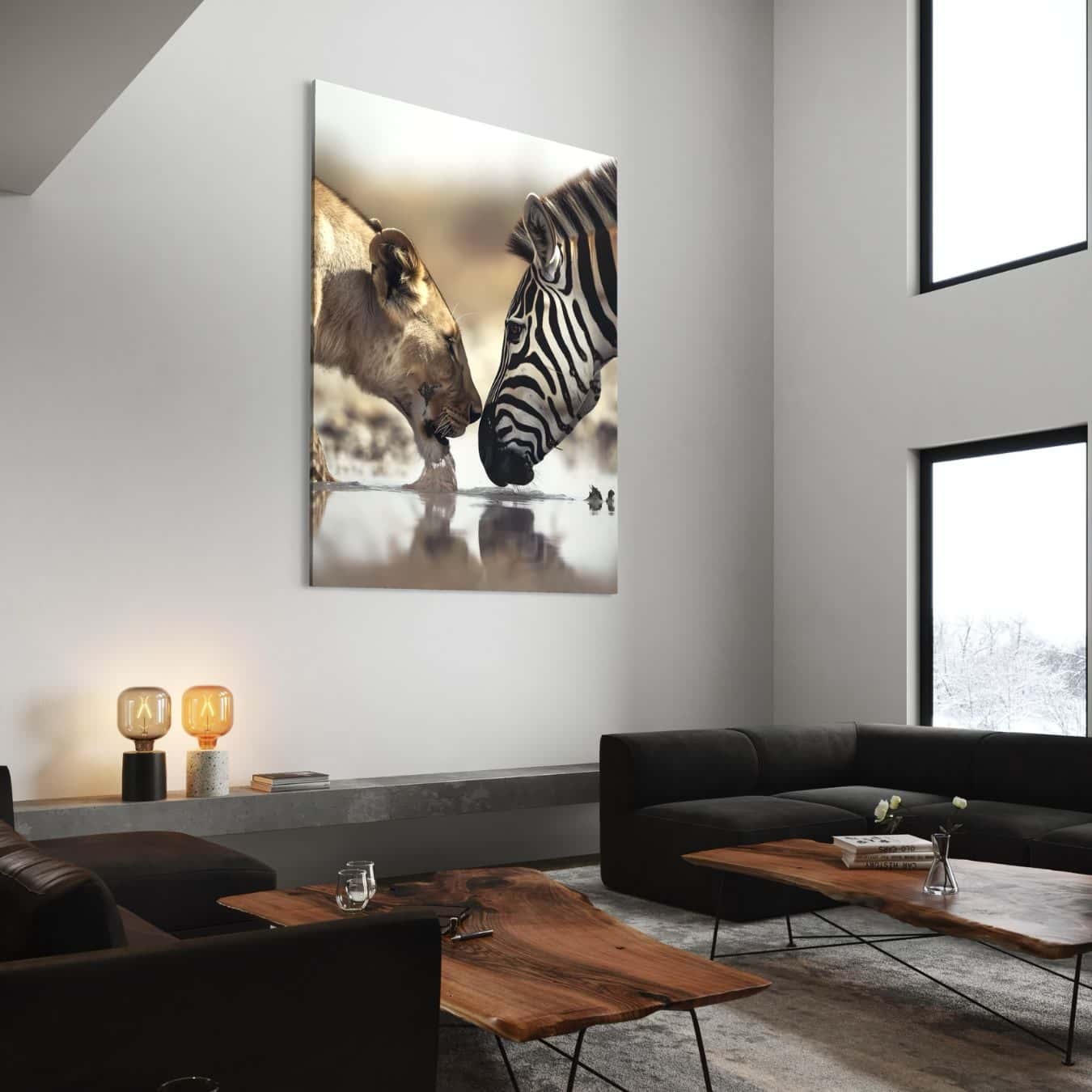 Zebra en leeuwin muurdecoratie in stijlvolle woonkamer met hoog plafond.