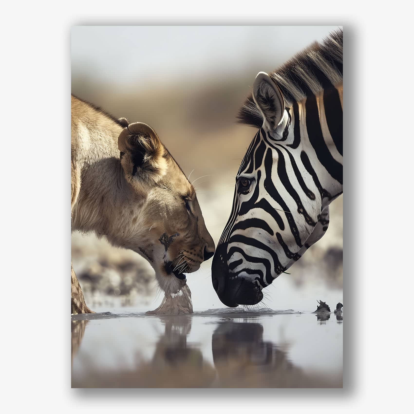 Leeuwin en zebra neus aan neus bij waterpoel in natuurdecoratie.